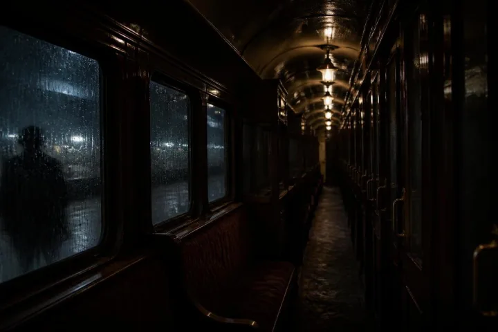 Corridoio di un treno notturno con luci fioche e finestrini bagnati dalla pioggia