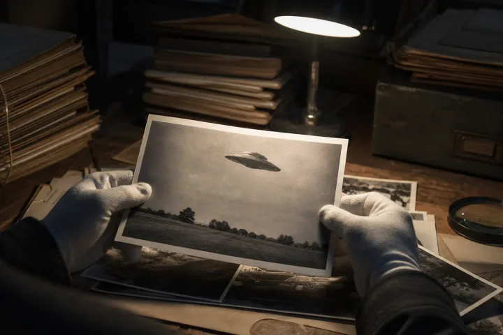Archivio in penombra con una fotografia UFO esaminata sotto una lampada