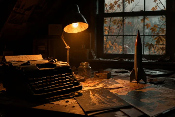 Una scrivania in penombra con macchina da scrivere, riviste pulp e foglie d'autunno accanto alla finestra