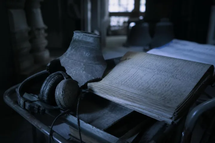 Cuffie e registro d'archivio accanto a un frammento di campana nella luce fredda del mattino