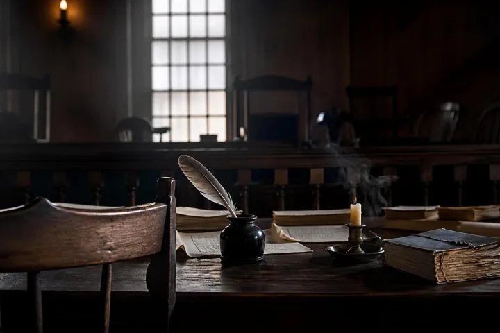 Sala di tribunale coloniale con candele e documenti, evocazione realistica dei processi di Salem