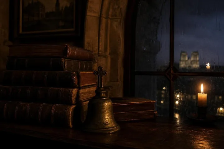 Cronache chiuse e una piccola campana in una stanza d'archivio parigina illuminata da candele