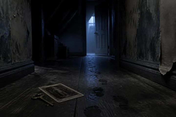 Corridoio buio con una carta dei tarocchi accanto a una chiave di ottone e impronte umide verso una porta socchiusa