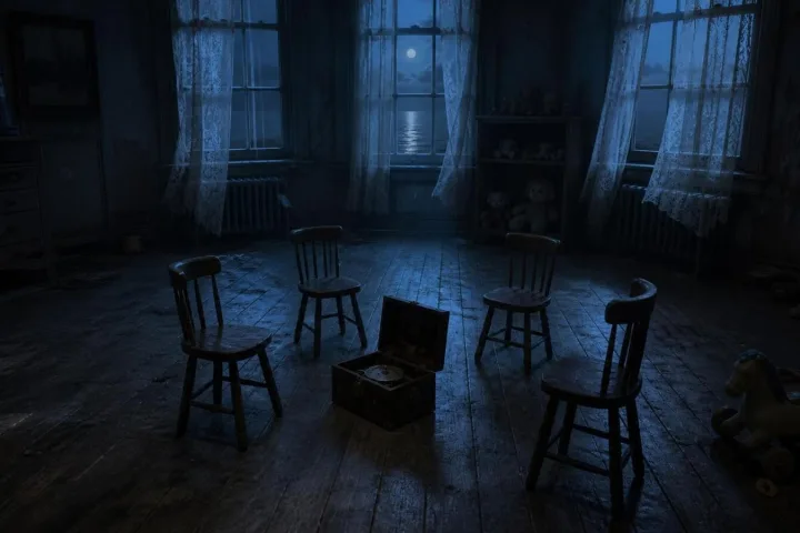Stanza dei giochi di un vecchio orfanotrofio con sedie in cerchio, carillon incrinato e luce lunare sulle tende