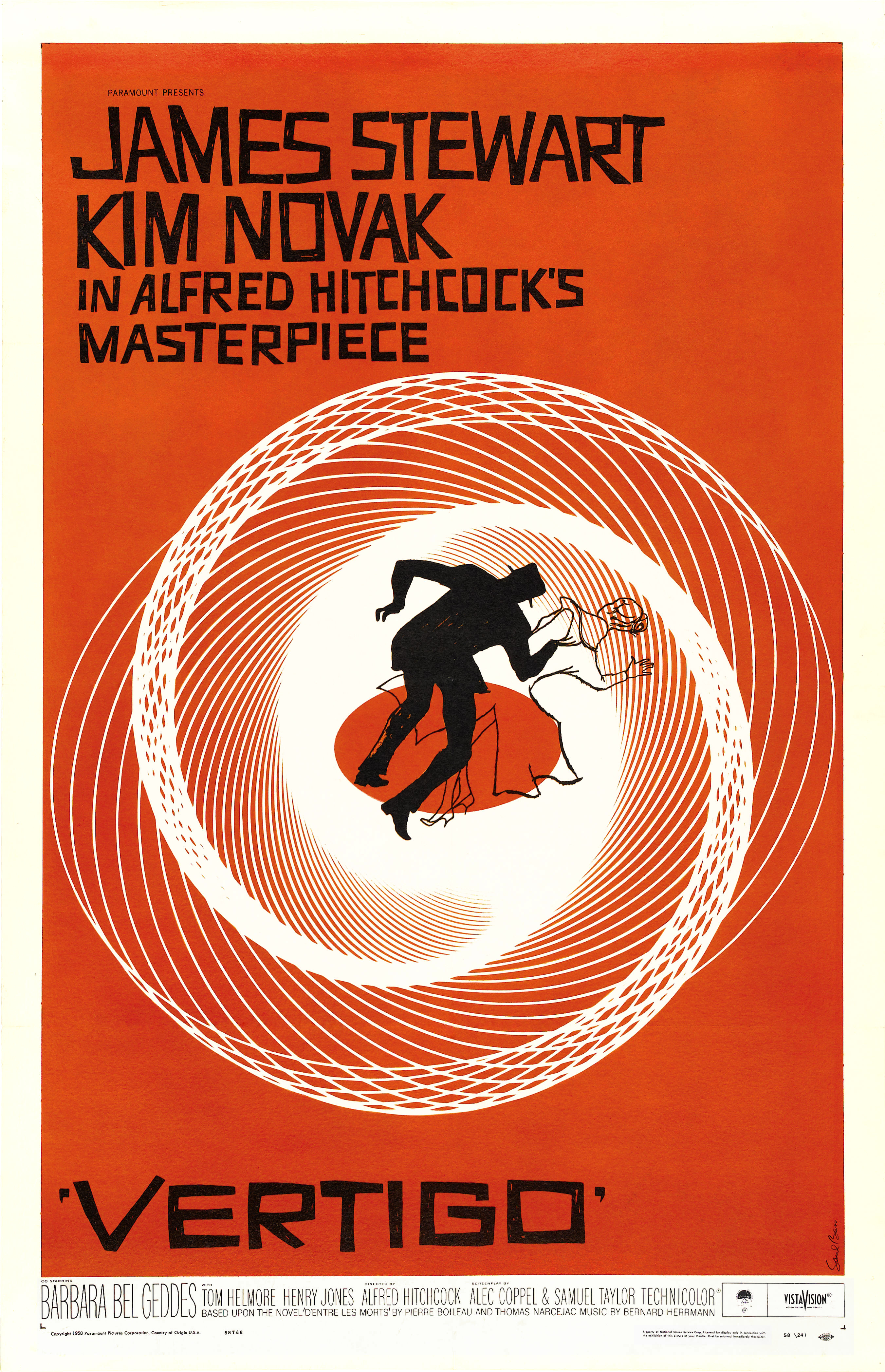 Locandina verticale restaurata di Vertigo, film del 1958 diretto da Alfred Hitchcock