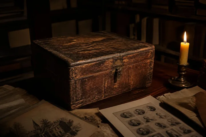 Una scatola di legno e carte d’archivio illuminate da candele evocano il lungo passaggio privato della testa attribuita a Cromwell.