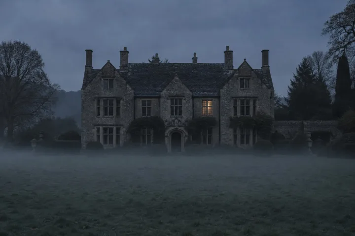 Facciata di una dimora di campagna inglese secentesca ripresa dall'esterno al crepuscolo, con nebbia bassa sul prato e una sola finestra illuminata al piano superiore.