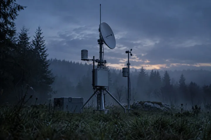 Fotografia ravvicinata di una piccola stazione di rilevamento con antenne e strumenti metallici installata su un prato ai margini di un bosco al crepuscolo, luce blu tenue, nessuna persona presente, inquadratura a livello del suolo