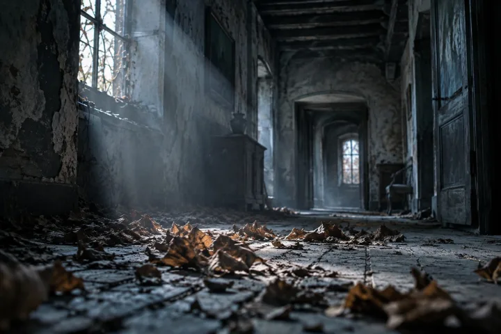 Corridoio interno in rovina di un'antica dimora, intonaco scrostato e travi a vista, un raggio di luce polverosa che entra da una finestra rotta, inquadratura ravvicinata sul pavimento coperto di foglie secche, fotografia realistica dai toni cupi