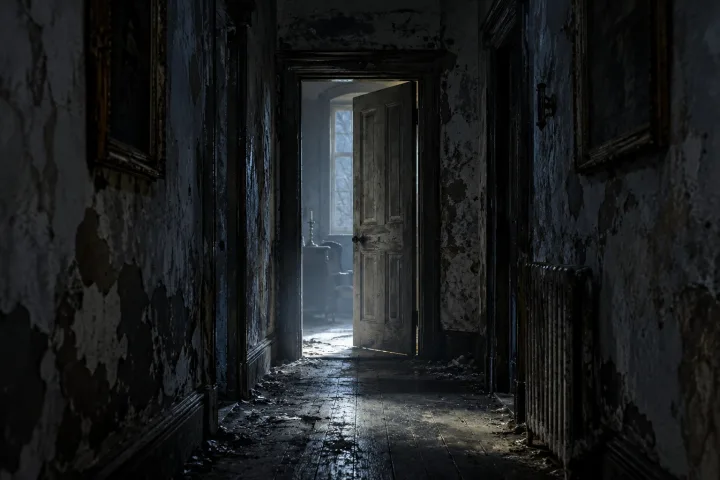 Un corridoio buio di una vecchia canonica in rovina, con intonaco scrostato e una porta socchiusa in fondo.