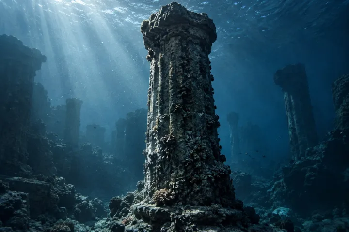 Colonne di roccia sommerse in un mare profondo, attraversate da fasci di luce che scendono dall'alto.