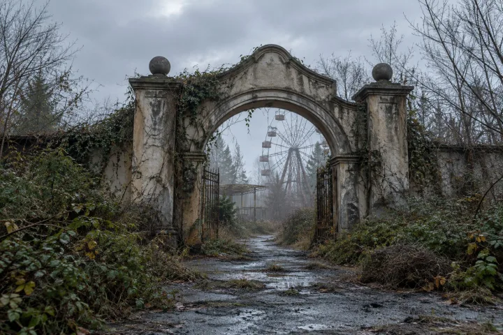 Un arco d'ingresso abbandonato si apre su un parco divertimenti invaso da rovi, con una giostra arrugginita visibile sullo sfondo in pieno giorno.