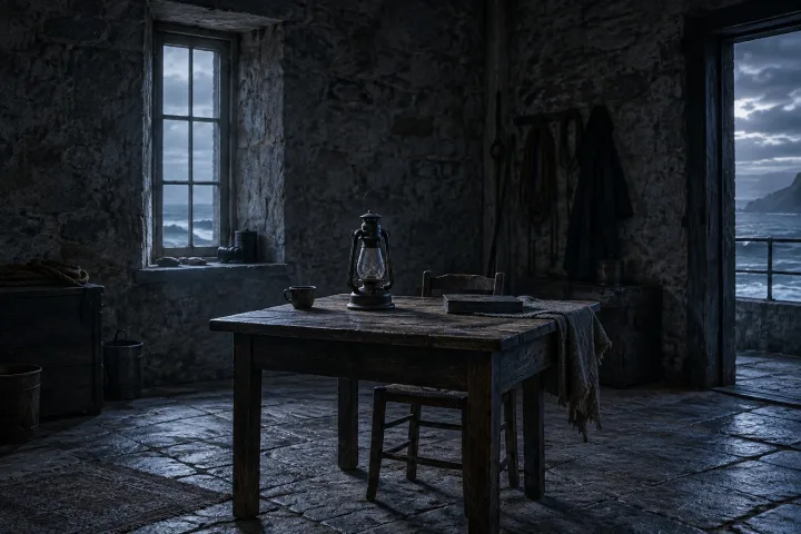Una stanza essenziale dentro un faro d'epoca, con un tavolo di legno e una lampada a olio spenta, illuminata da luce fredda.