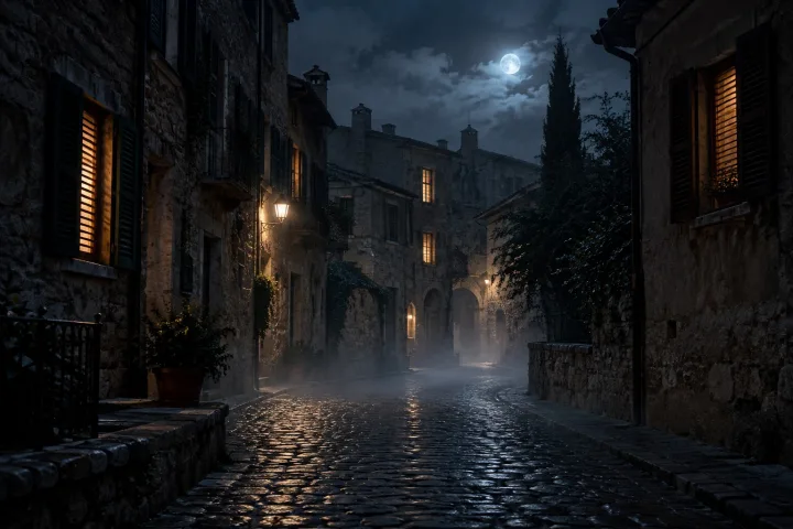 Un vicolo di un piccolo borgo con case basse e finestre illuminate, avvolto da una leggera foschia notturna.