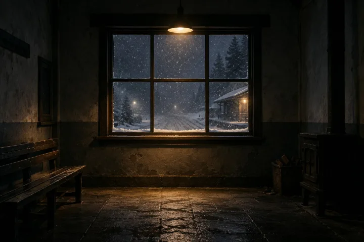 La finestra illuminata di una vecchia stazione di valle, mentre la neve cade fitta nel buio della montagna.