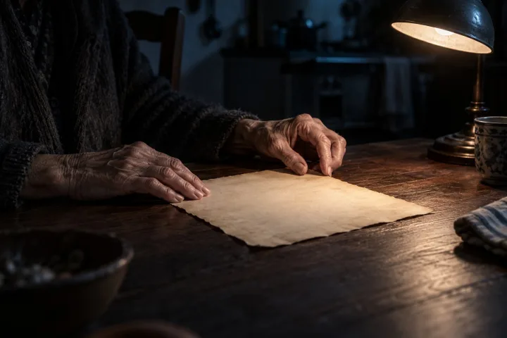 Mani di una donna anziana che sfiorano un foglio ingiallito sotto la luce di una lampada in una cucina buia