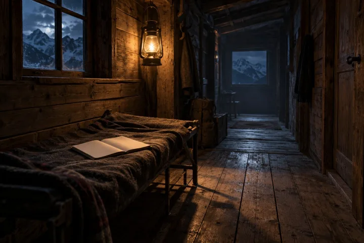 Un corridoio di legno buio con una lanterna accesa e un quaderno aperto su un letto vuoto.