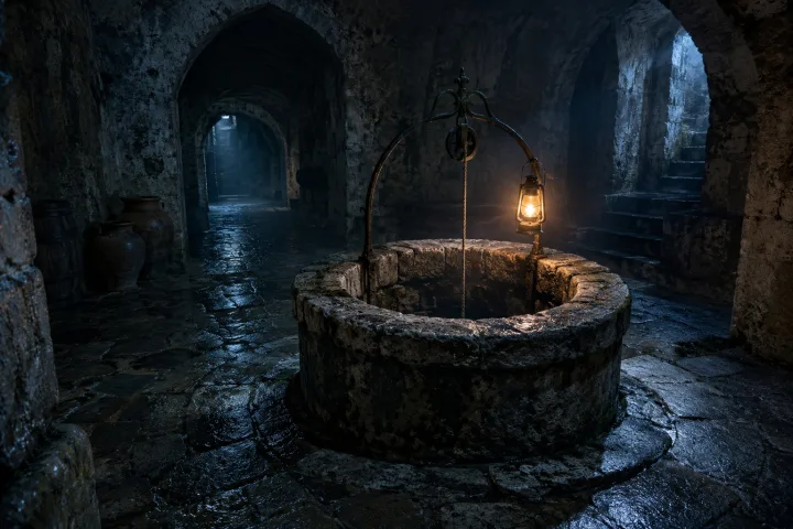 Un pozzo antico in pietra dentro una stanza buia, con una fune che scende in un cunicolo sotterraneo illuminato da una lanterna.