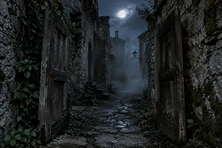 Un vicolo stretto di un borgo di pietra abbandonato, porte di legno marcio spalancate, piante infestanti tra i muri scrostati, luce fredda di luna piena.
