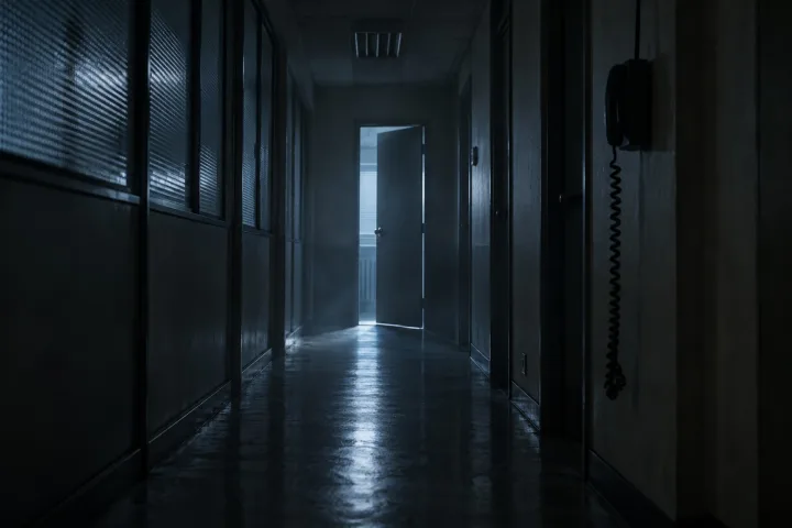 Un corridoio buio di ufficio con una porta socchiusa e un cavo del telefono che pende dal muro.