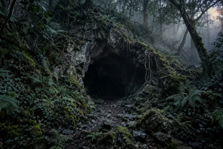L'ingresso buio di una grotta tra le rocce, con rami intrecciati che ne oscurano il passaggio.